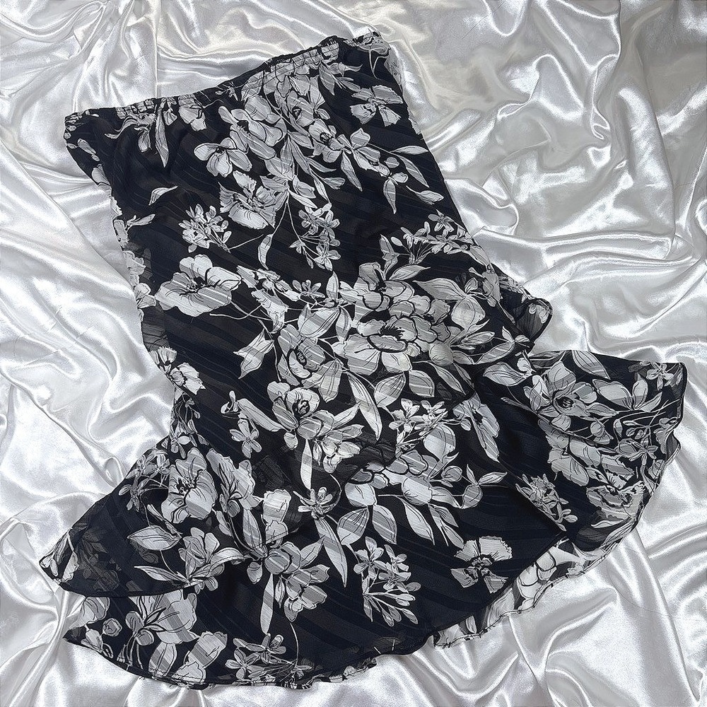Vintage Kathy Roberts Skirt Black White Excellent Floral Tiered Ruffle Midi